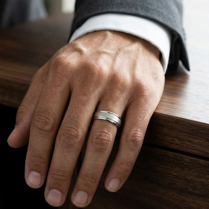 6mm Wired Finish High Polished Round Edge Carved Wedding Band in 14K White Gold, worn on hand, masculine close-up