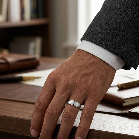 6mm Wired Finish High Polished Round Edge Carved Wedding Band in 14K White Gold, worn on hand, masculine full view
