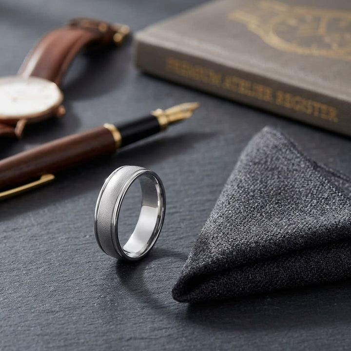 6mm Wired Finish High Polished Round Edge Carved Wedding Band in 14K White Gold, on walnut surface with pocket square