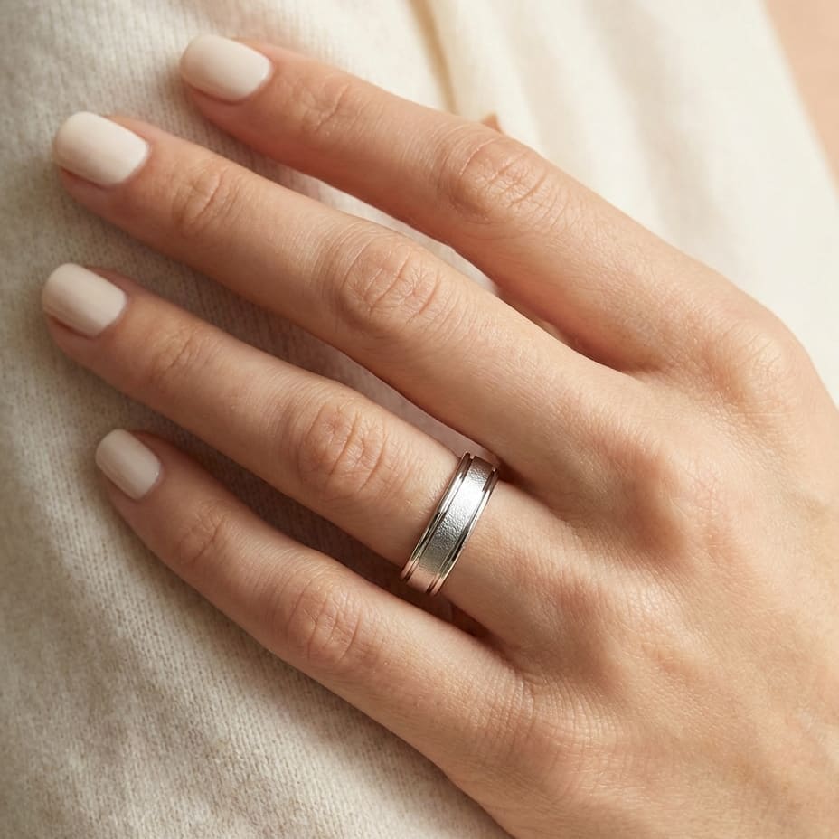 4mm Wired Finish High Polished Round Edge Carved Wedding Band in 14K White Gold, worn on hand, close-up