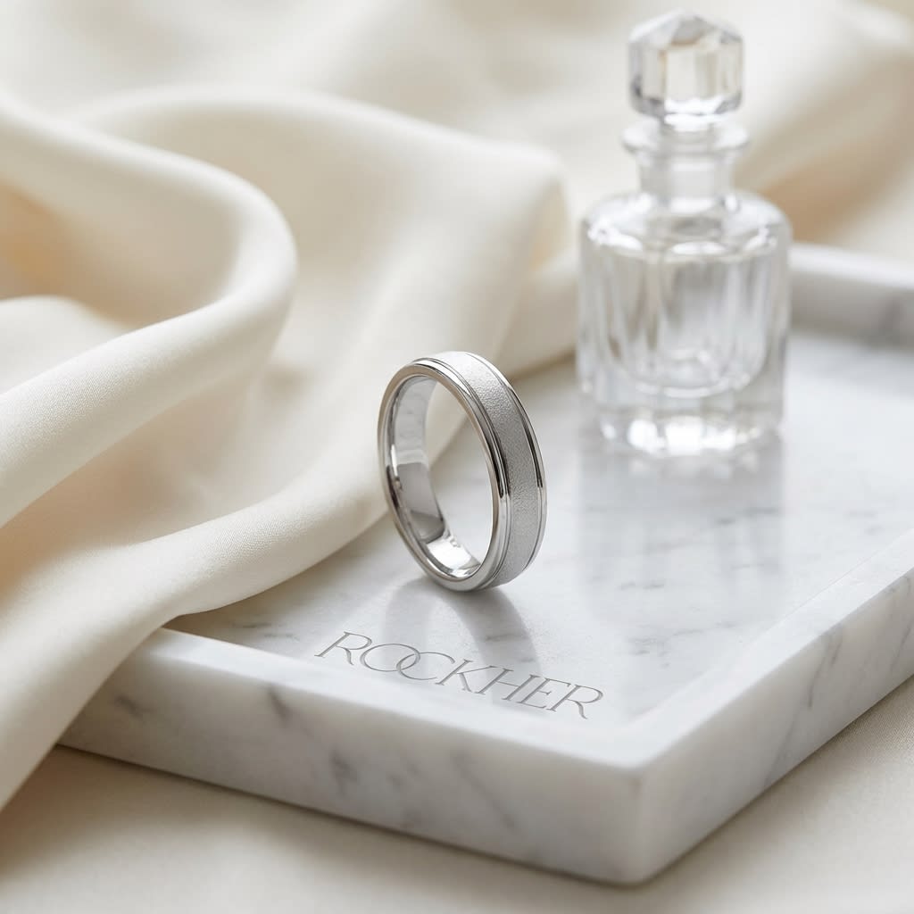 4mm Wired Finish High Polished Round Edge Carved Wedding Band in 14K White Gold, on marble vanity tray with silk