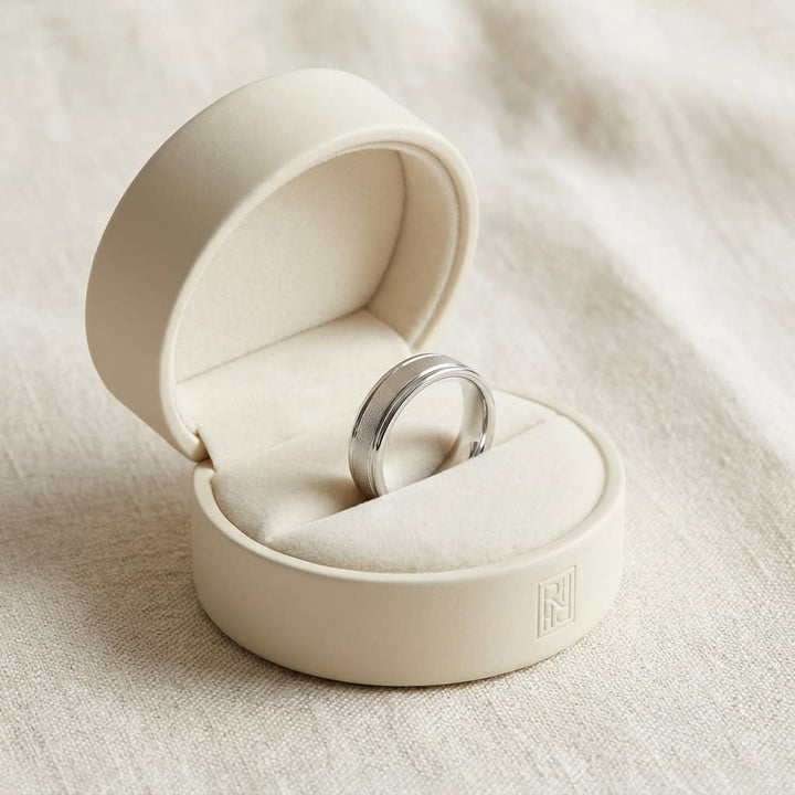 4mm Wired Finish High Polished Round Edge Carved Wedding Band in 14K White Gold, in navy velvet jewelry box