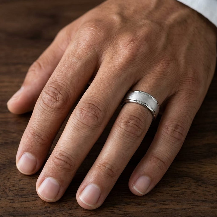 8mm Wire Brush High Polished Round Edge Carved Wedding Band in 14K White Gold, worn on hand, masculine close-up