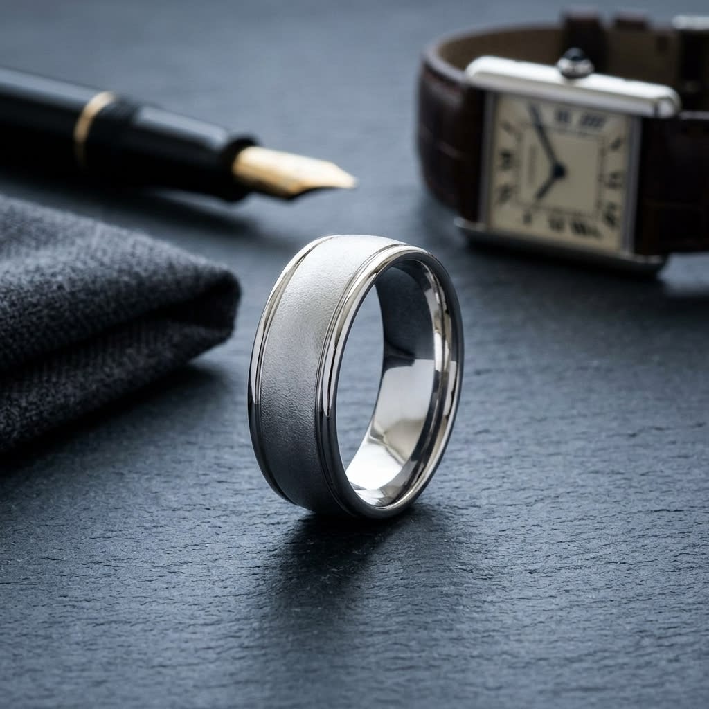 8mm Wire Brush High Polished Round Edge Carved Wedding Band in 14K White Gold, on walnut surface with pocket square