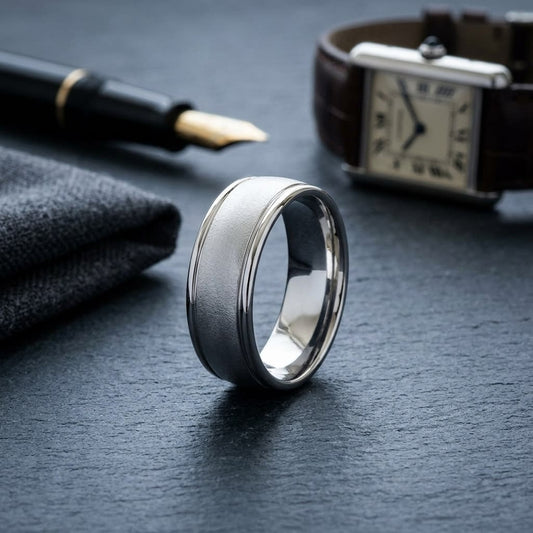8mm Wire Brush High Polished Round Edge Carved Wedding Band in 14K White Gold, on walnut surface with pocket square