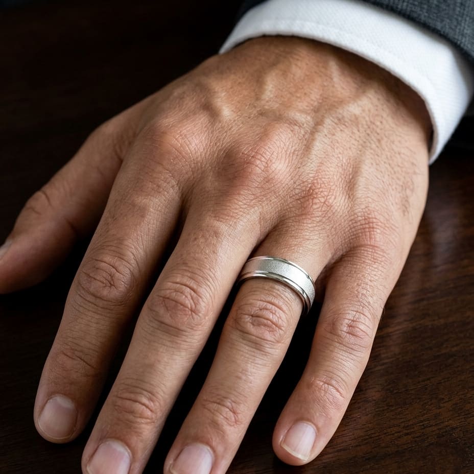 7mm Wired Finish High Polished Round Edge Carved Wedding Band in 14K White Gold, worn on hand, masculine close-up