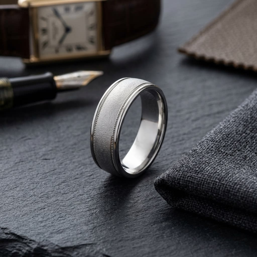 7mm Wired Finish High Polished Round Edge Carved Wedding Band in 14K White Gold, on walnut surface with pocket square