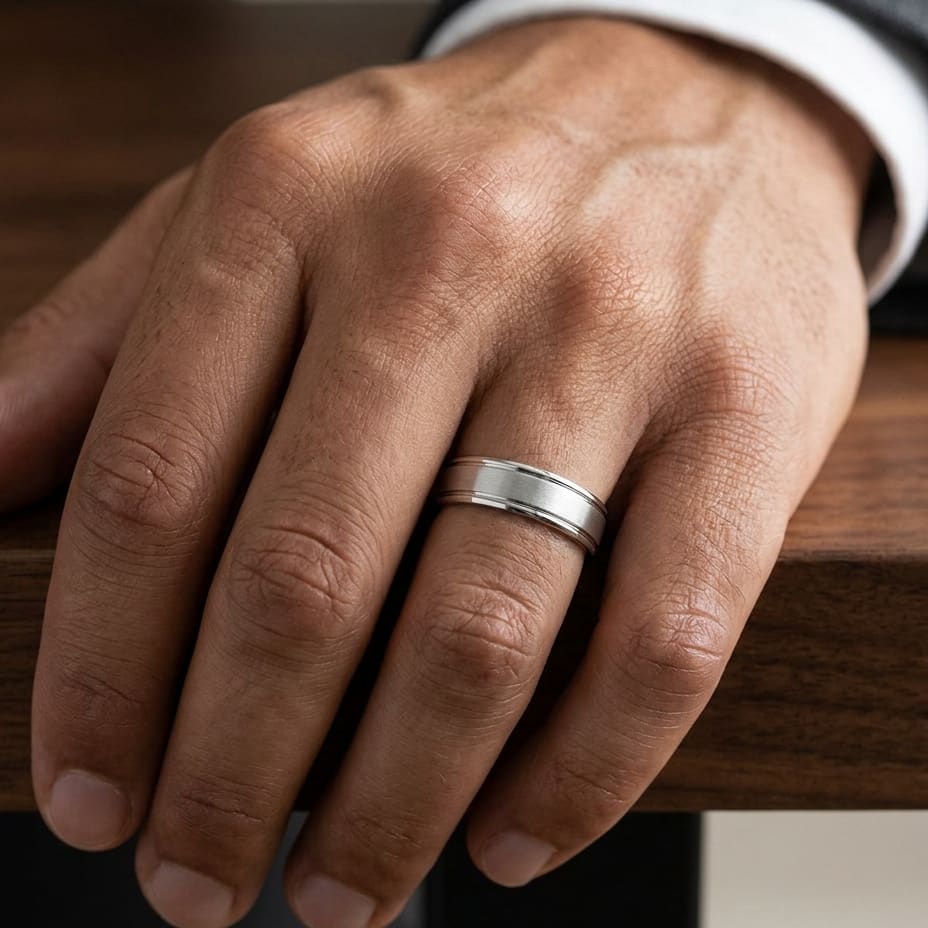 6mm Satin Finish High Polished Round Edge Carved Wedding Band in 14K White Gold, worn on hand, masculine close-up