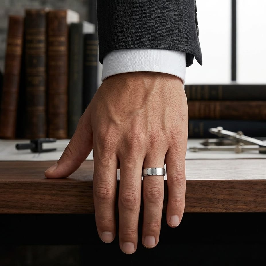 6mm Satin Finish High Polished Round Edge Carved Wedding Band in 14K White Gold, worn on hand, masculine full view