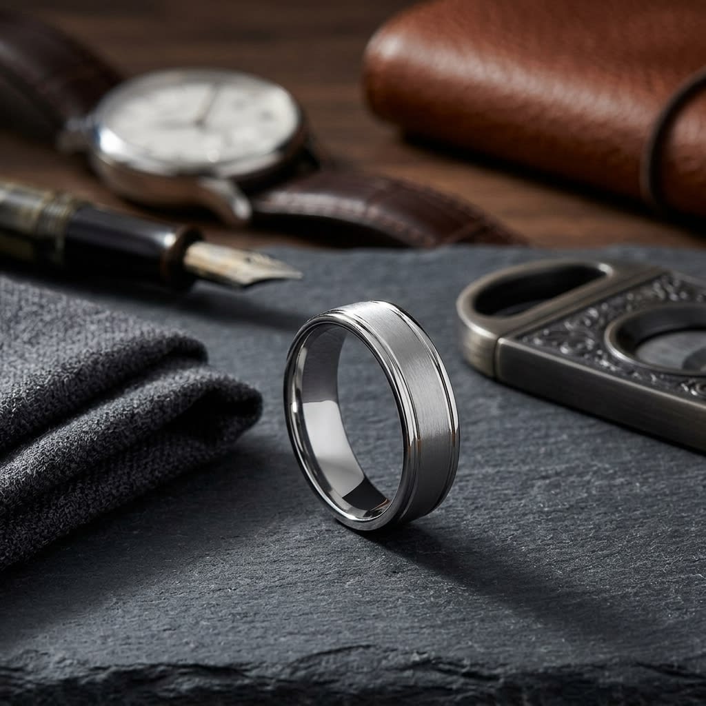 6mm Satin Finish High Polished Round Edge Carved Wedding Band in 14K White Gold, on walnut surface with pocket square