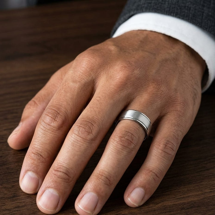 8mm Satin Finish High Polished Round Edge Carved Wedding Band in 14K White Gold, worn on hand, masculine close-up