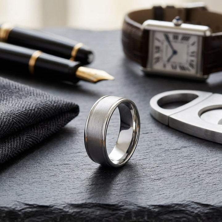 8mm Satin Finish High Polished Round Edge Carved Wedding Band in 14K White Gold, on walnut surface with pocket square
