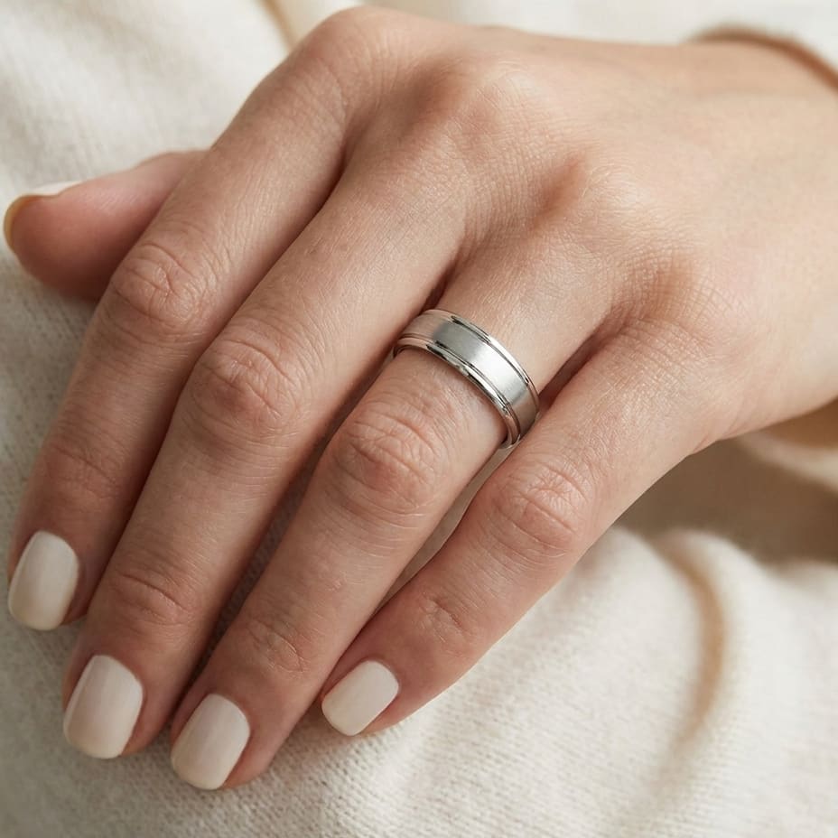 4mm Satin Finish High Polished Round Edge Carved Wedding Band in 14K White Gold, worn on hand, close-up
