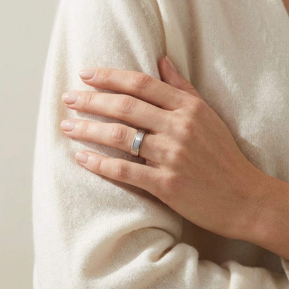 4mm Satin Finish High Polished Round Edge Carved Wedding Band in 14K White Gold, worn on hand, full view