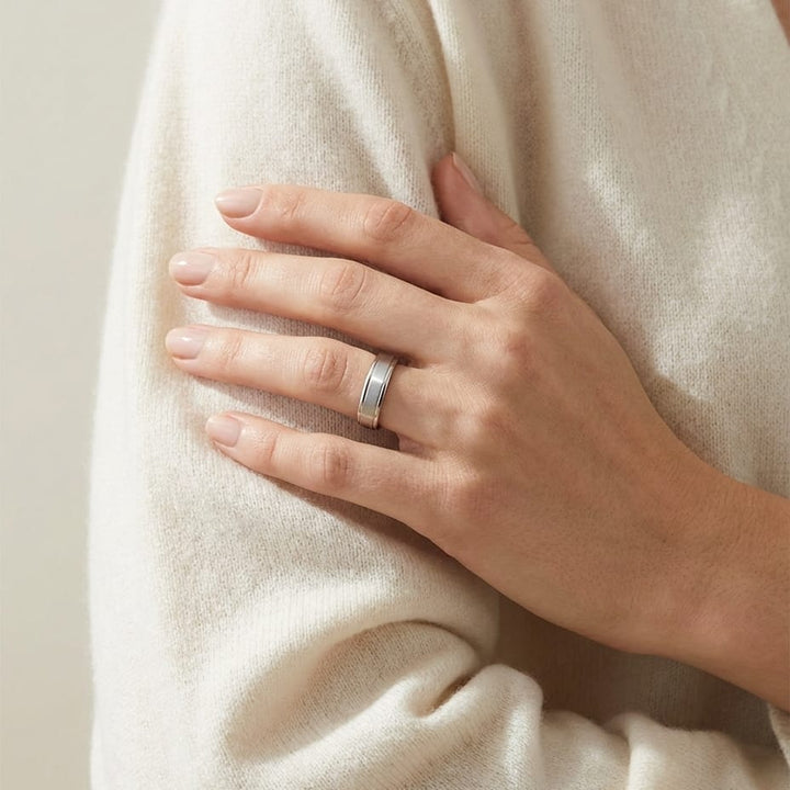 4mm Satin Finish High Polished Round Edge Carved Wedding Band in 14K White Gold, worn on hand, full view