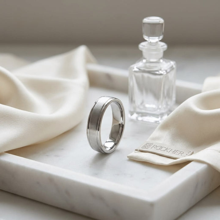 4mm Satin Finish High Polished Round Edge Carved Wedding Band in 14K White Gold, on marble vanity tray with silk