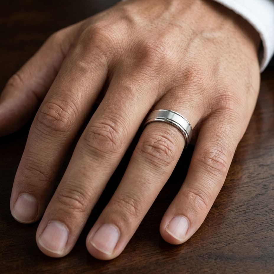 7mm Satin Finish High Polished Round Edge Carved Wedding Band in 14K White Gold, worn on hand, masculine close-up