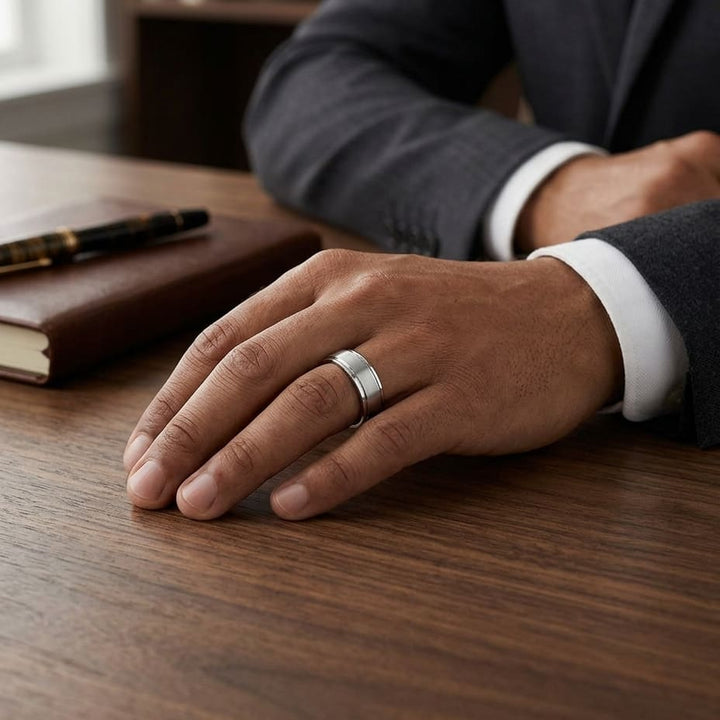 7mm Satin Finish High Polished Round Edge Carved Wedding Band in 14K White Gold, worn on hand, masculine full view