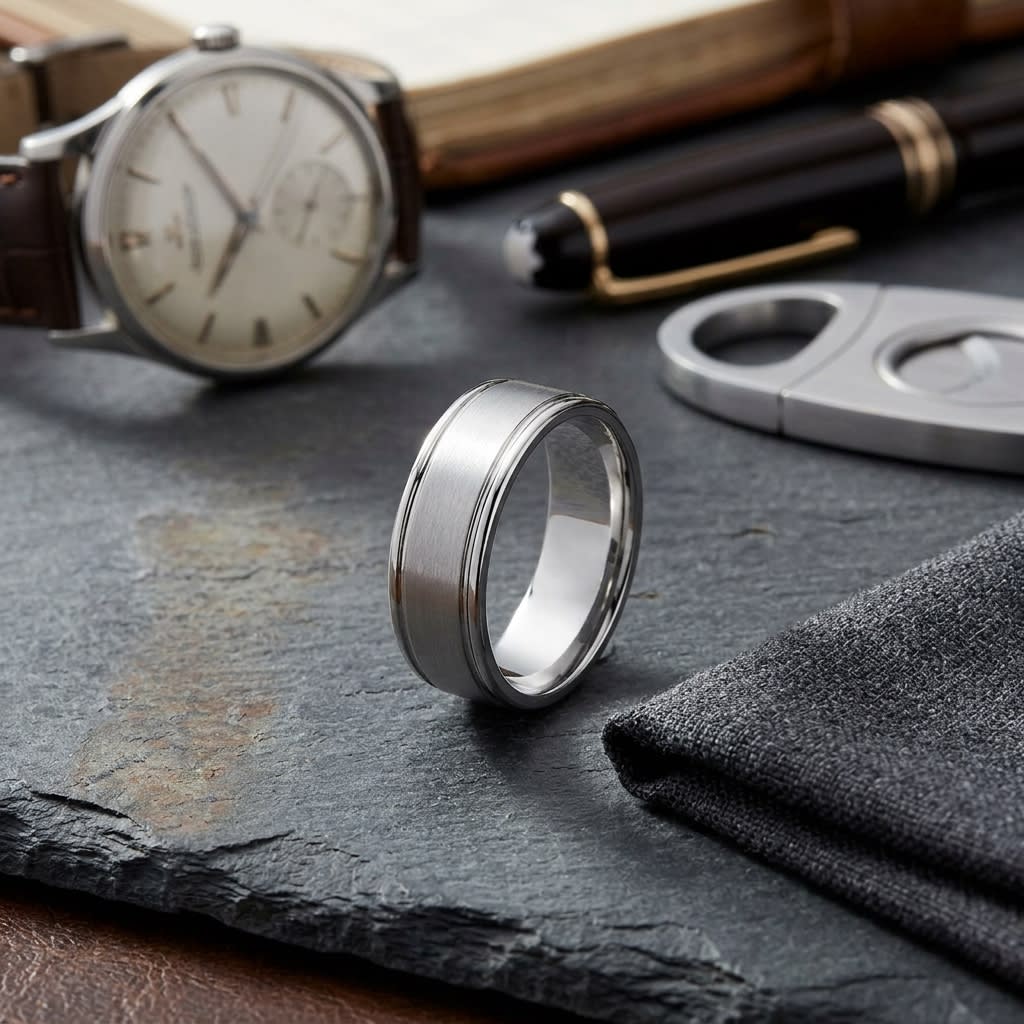 7mm Satin Finish High Polished Round Edge Carved Wedding Band in 14K White Gold, on walnut surface with pocket square