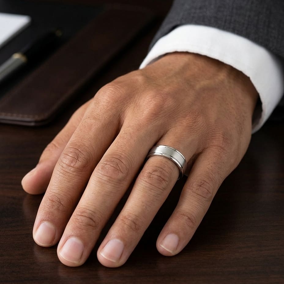 5mm Satin Finish High Polished Round Edge Carved Wedding Band in 14K White Gold, worn on hand, masculine close-up