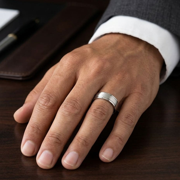 5mm Satin Finish High Polished Round Edge Carved Wedding Band in 14K White Gold, worn on hand, masculine close-up