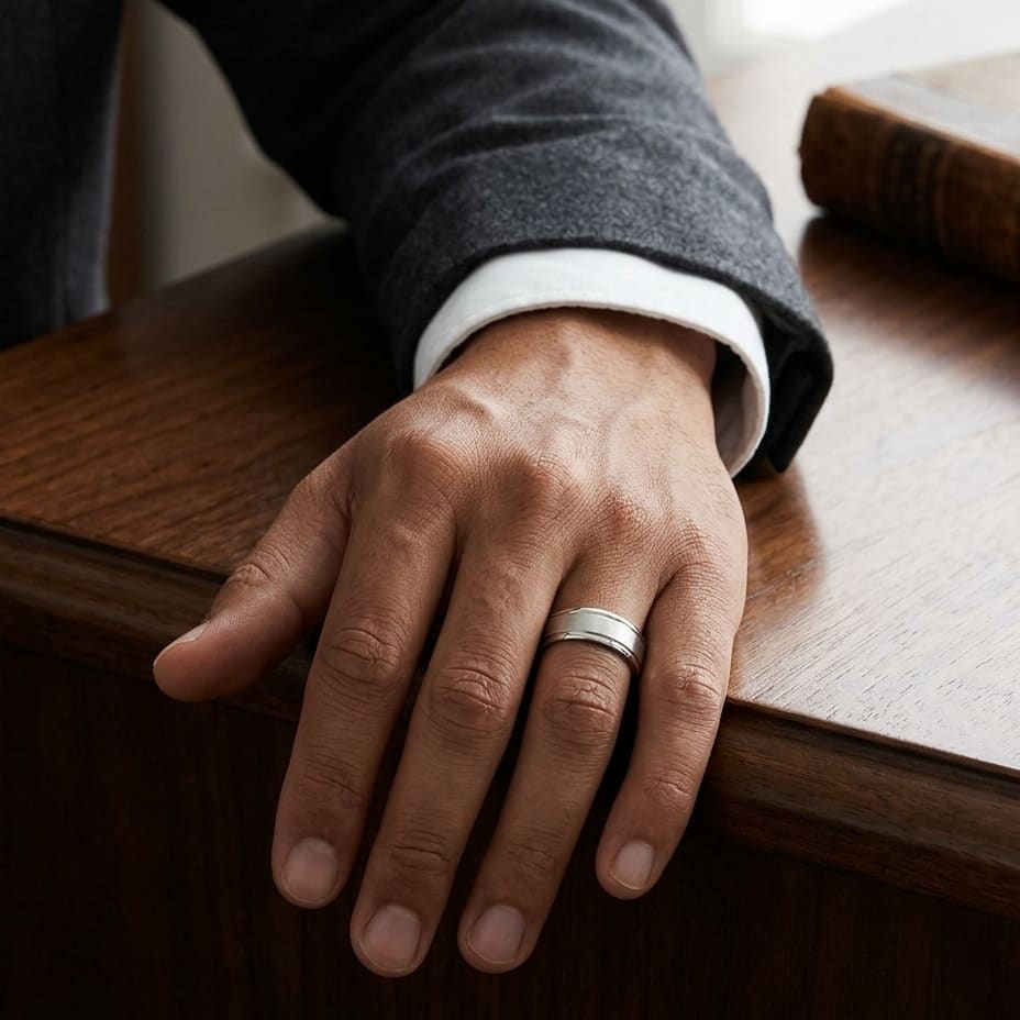 5mm Satin Finish High Polished Round Edge Carved Wedding Band in 14K White Gold, worn on hand, masculine full view