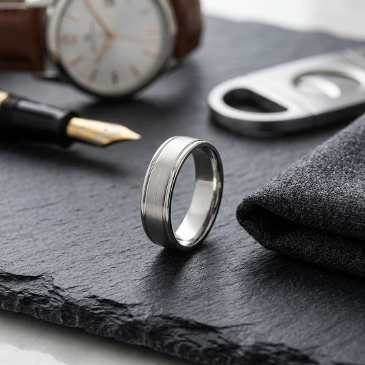 5mm Satin Finish High Polished Round Edge Carved Wedding Band in 14K White Gold, on walnut surface with pocket square