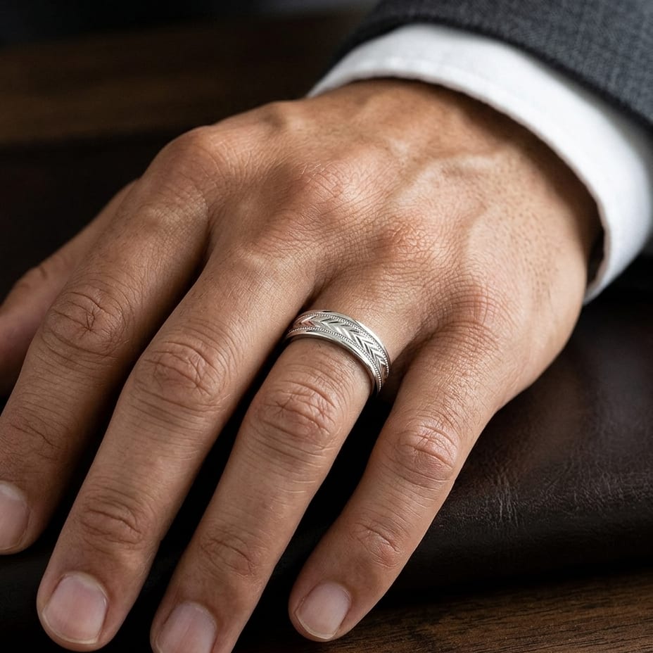 6mm Comfort-Fit Wedding Band in 14K White Gold, worn on hand, masculine close-up