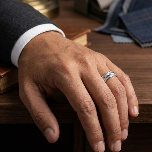 6mm Comfort-Fit Wedding Band in 14K White Gold, worn on hand, masculine full view