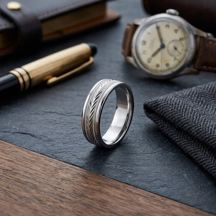 6mm Comfort-Fit Wedding Band in 14K White Gold, on walnut surface with pocket square