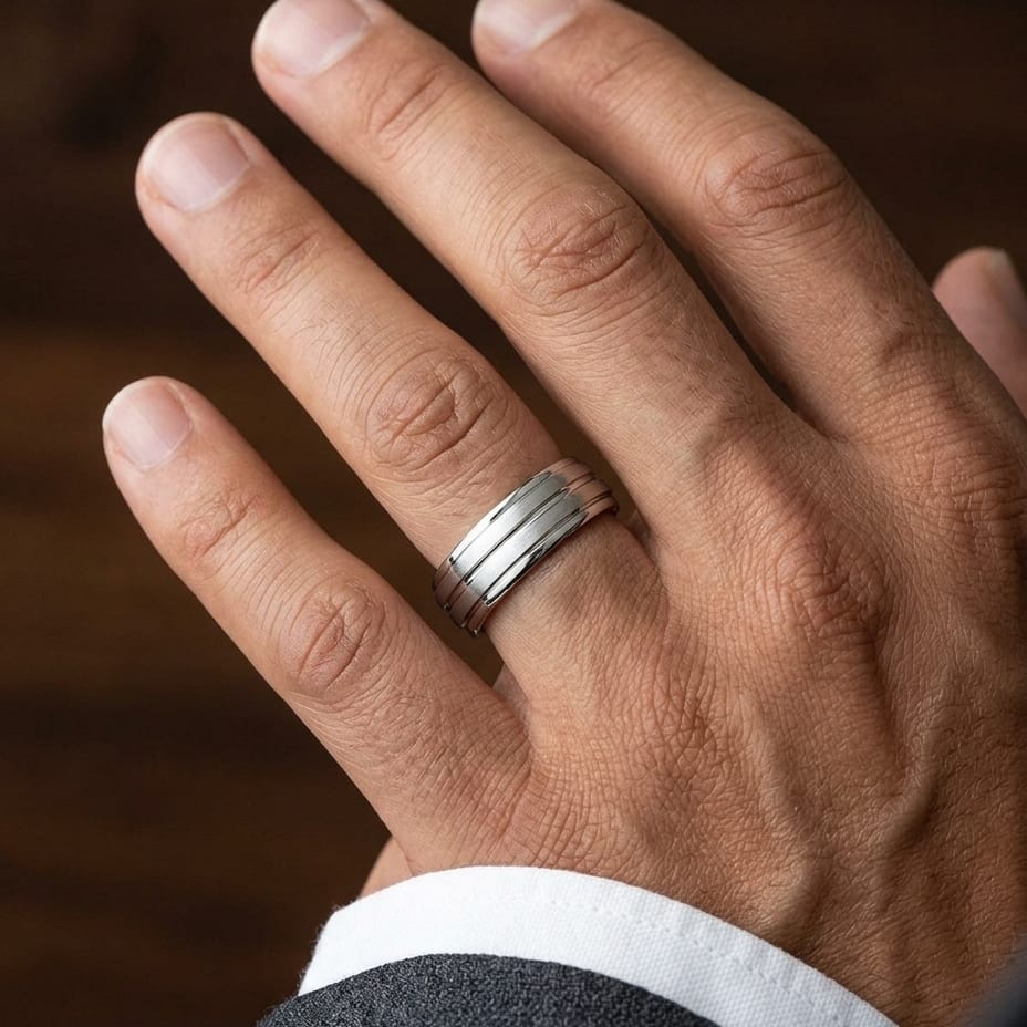 6mm Satin Finish High Polished Center Trim Carved Wedding Band in 14K White Gold, worn on hand, masculine close-up