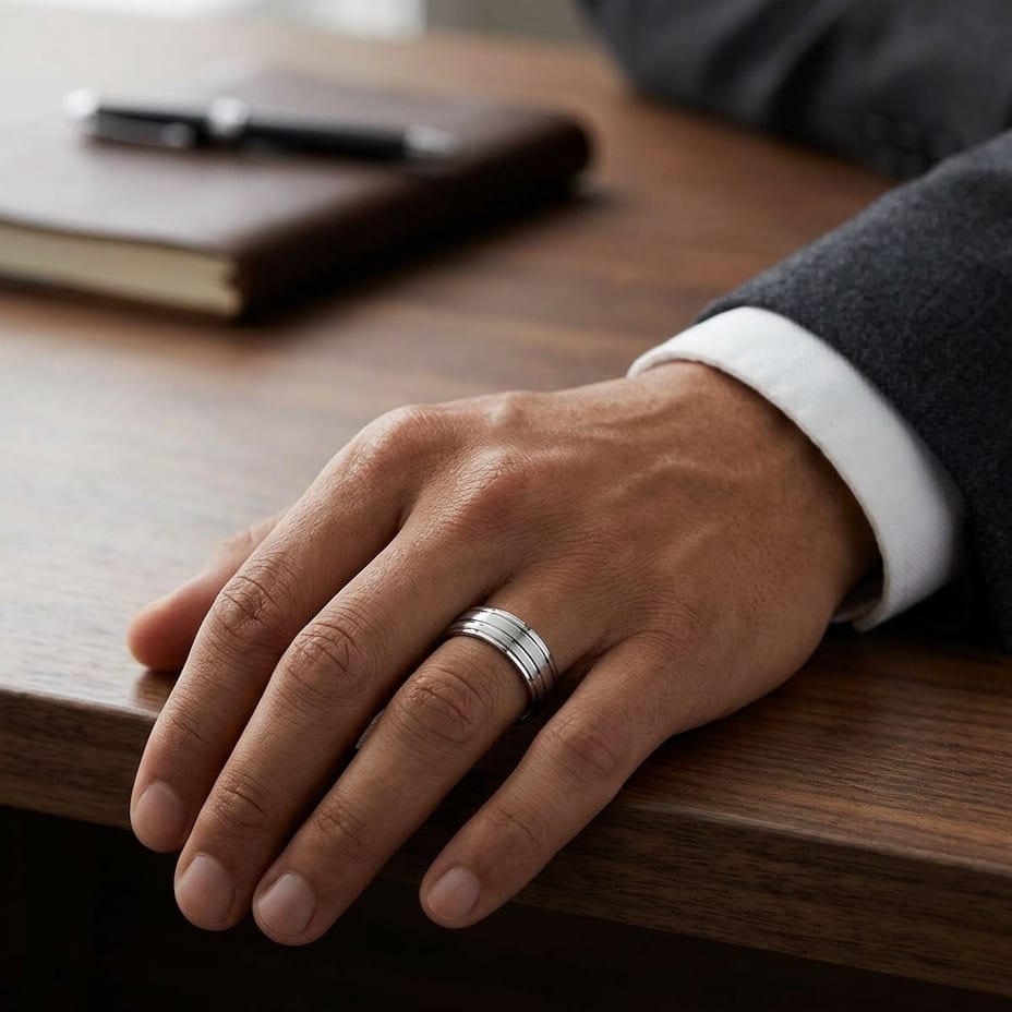 6mm Satin Finish High Polished Center Trim Carved Wedding Band in 14K White Gold, worn on hand, masculine full view