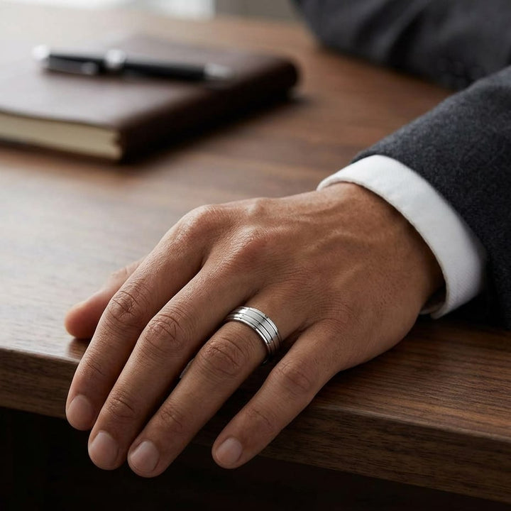 6mm Satin Finish High Polished Center Trim Carved Wedding Band in 14K White Gold, worn on hand, masculine full view