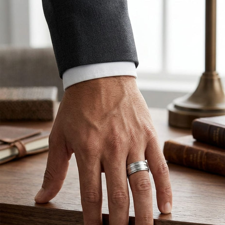 8mm Satin Finish High Polished Center Trim Carved Wedding Band in 14K White Gold, worn on hand, masculine full view