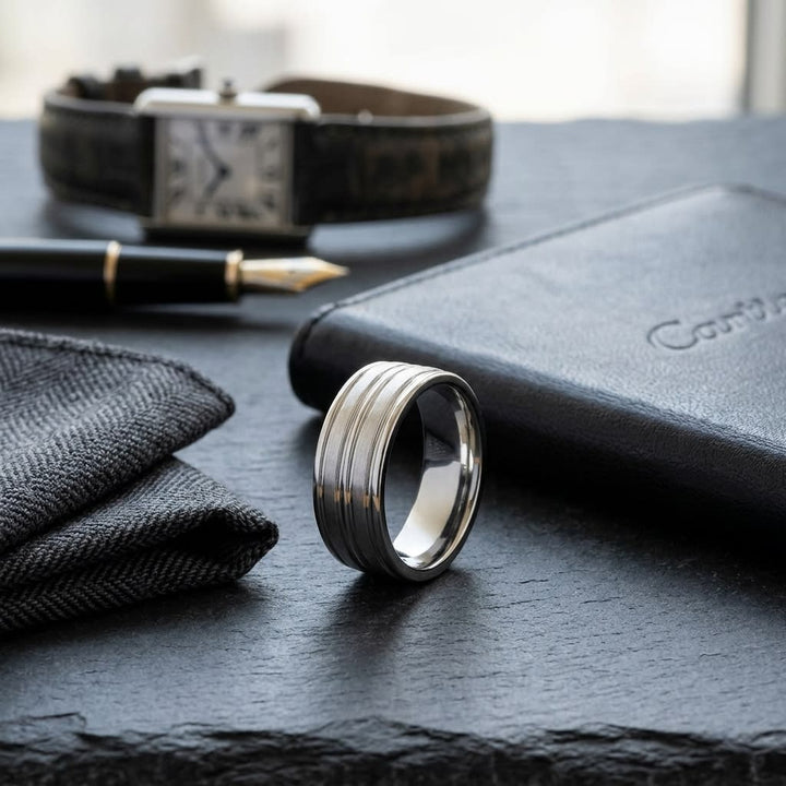 8mm Satin Finish High Polished Center Trim Carved Wedding Band in 14K White Gold, on walnut surface with pocket square