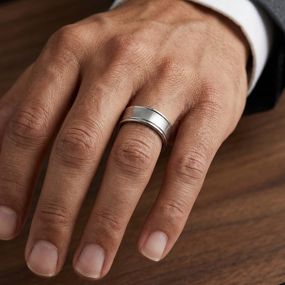 7.5mm Satin Finish High Polished Round Edge Carved Wedding Band in 14K White Gold, worn on hand, masculine close-up