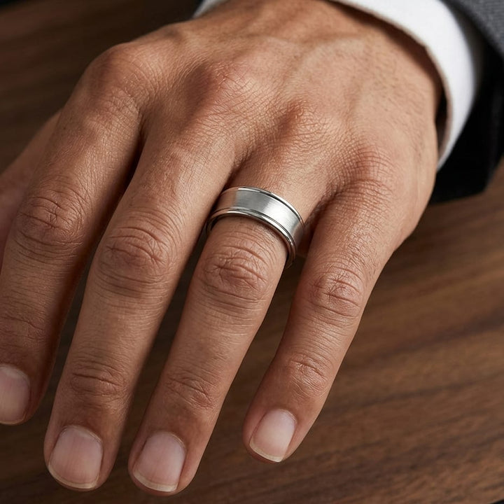 7.5mm Satin Finish High Polished Round Edge Carved Wedding Band in 14K White Gold, worn on hand, masculine close-up