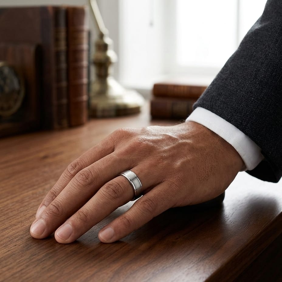 7.5mm Satin Finish High Polished Round Edge Carved Wedding Band in 14K White Gold, worn on hand, masculine full view