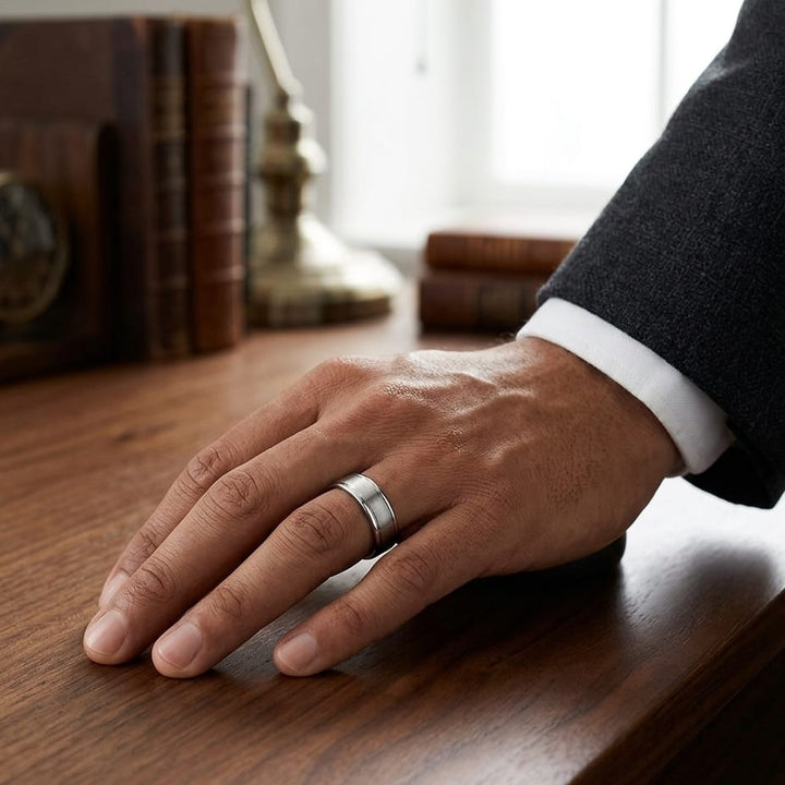 7.5mm Satin Finish High Polished Round Edge Carved Wedding Band in 14K White Gold, worn on hand, masculine full view
