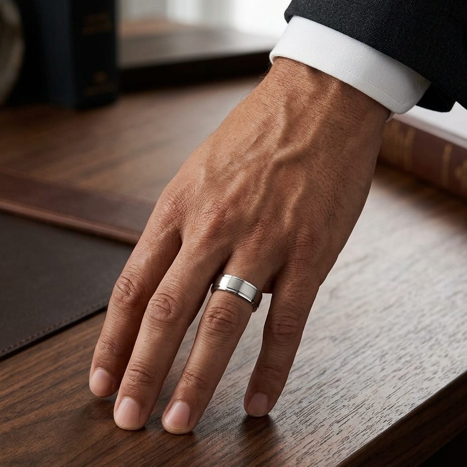 7mm Satin Finish Carved Wedding Band in 14K White Gold, worn on hand, masculine full view