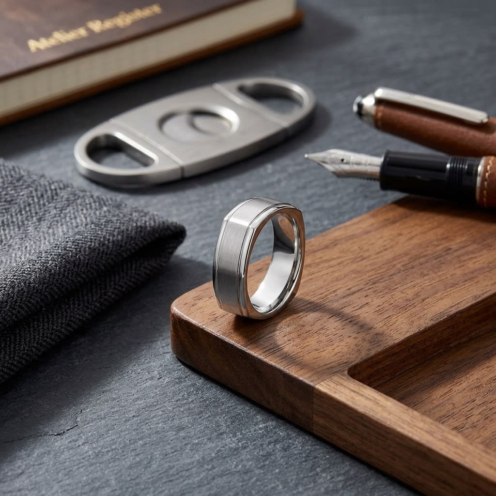 7mm Satin Finish Carved Wedding Band in 14K White Gold, on walnut surface with pocket square