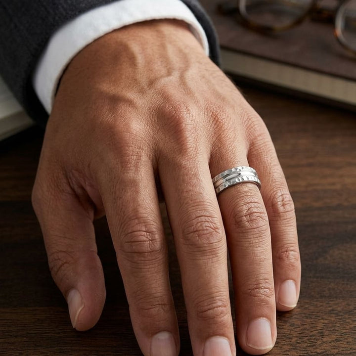 7.5mm Hammered Finish Carved Wedding Band in 14K White Gold, worn on hand, masculine close-up