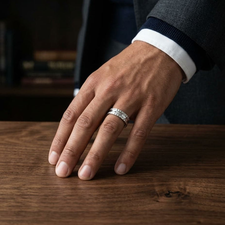 7.5mm Hammered Finish Carved Wedding Band in 14K White Gold, worn on hand, masculine full view