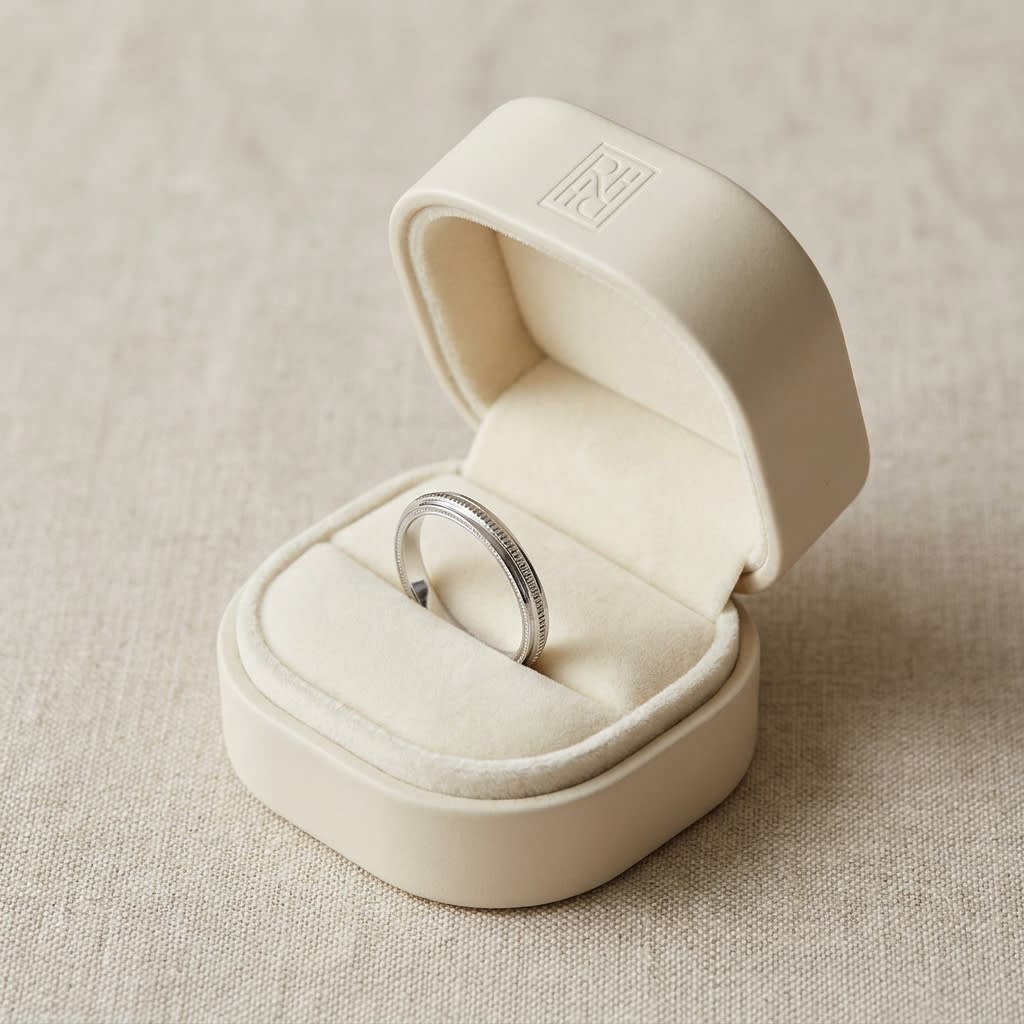 2mm High Polish Milgrain Round Edge Carved Wedding Band in 14K White Gold, in navy velvet jewelry box