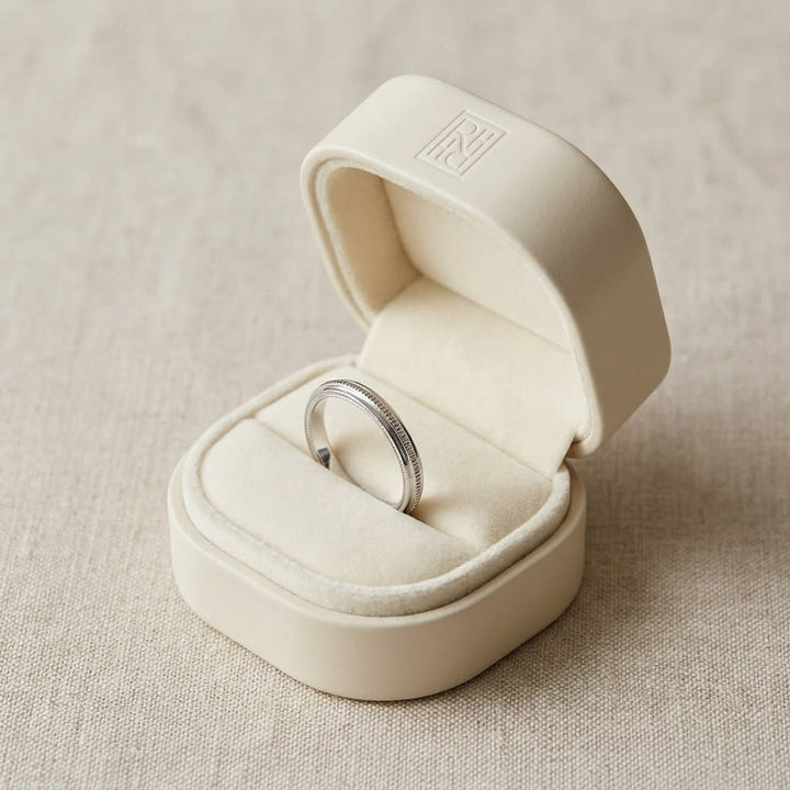 2mm High Polish Milgrain Round Edge Carved Wedding Band in 14K White Gold, in navy velvet jewelry box
