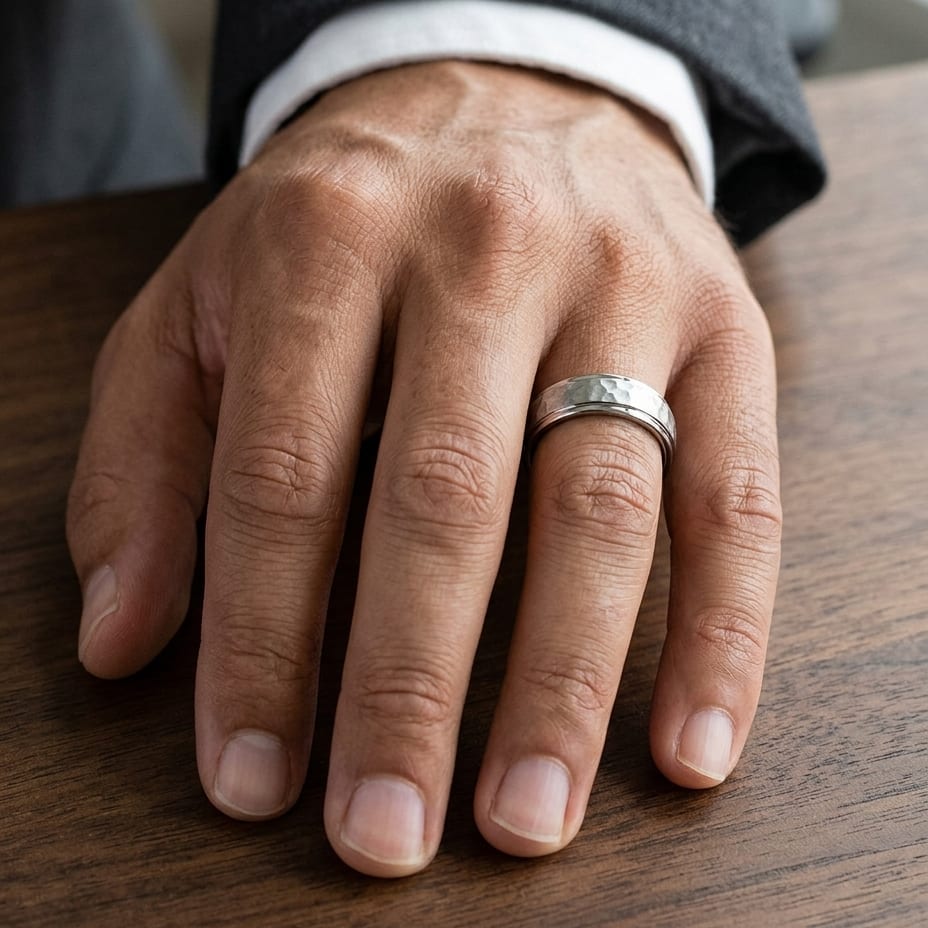 6mm Hammered Finish Carved Wedding Band in 14K White Gold, worn on hand, masculine close-up