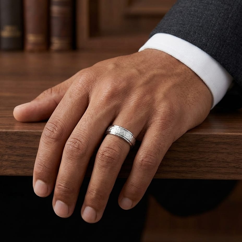 6mm Hammered Finish Carved Wedding Band in 14K White Gold, worn on hand, masculine full view