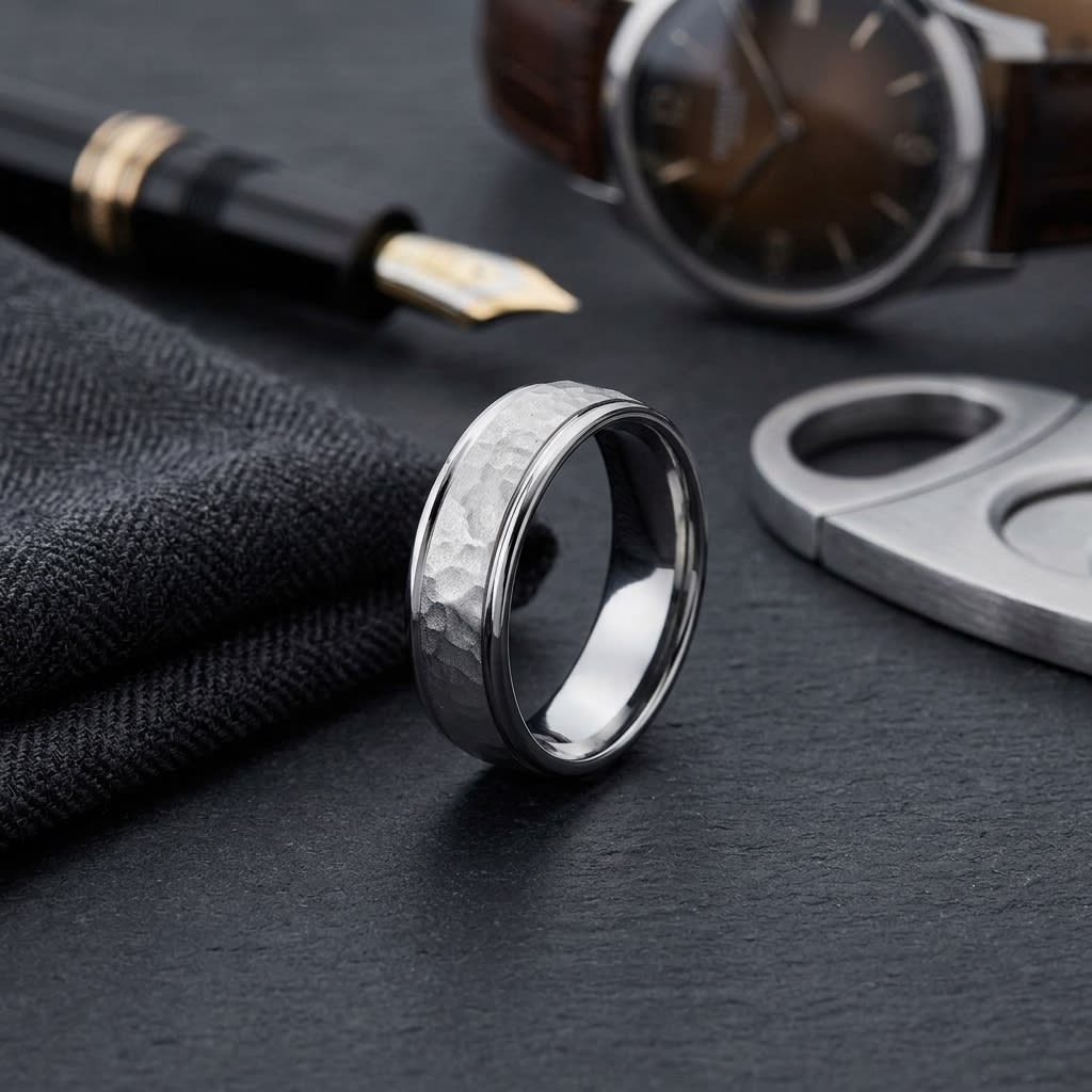 6mm Hammered Finish Carved Wedding Band in 14K White Gold, on walnut surface with pocket square