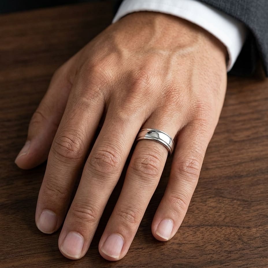 6mm High Polish Round Edge Carved Wedding Band in 14K White Gold, worn on hand, masculine close-up