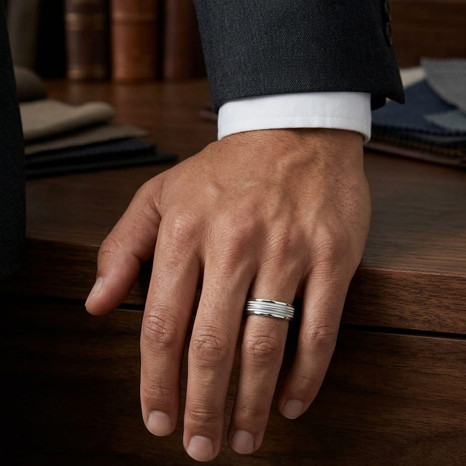 6mm High Polish Milgrain Round Edge Carved Wedding Band in 14K White Gold, worn on hand, masculine full view